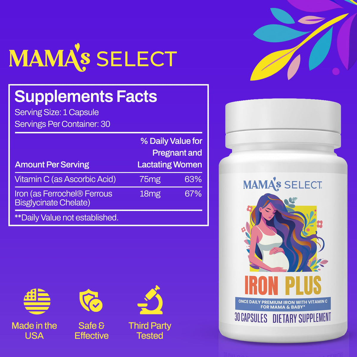 Capsule de fer prénatal Mama's Select en gros plan