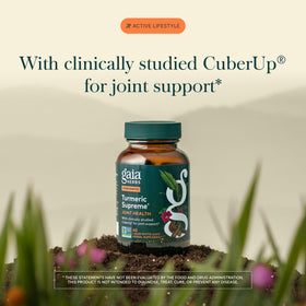 Capsule de Gaia Herbs Curcuma Suprême sur une surface claire
