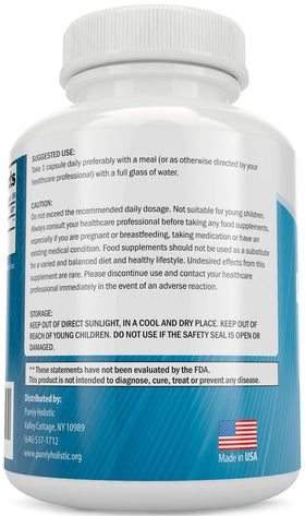 Capsule de L-Theanine 200mg Purely Holistic sur fond blanc