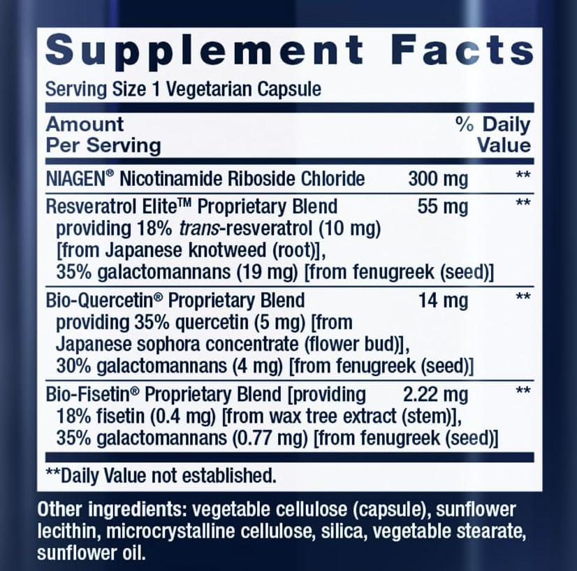 Capsule de Life Extension NAD+ Cell Regenerator et Resveratrol Elite sur fond blanc