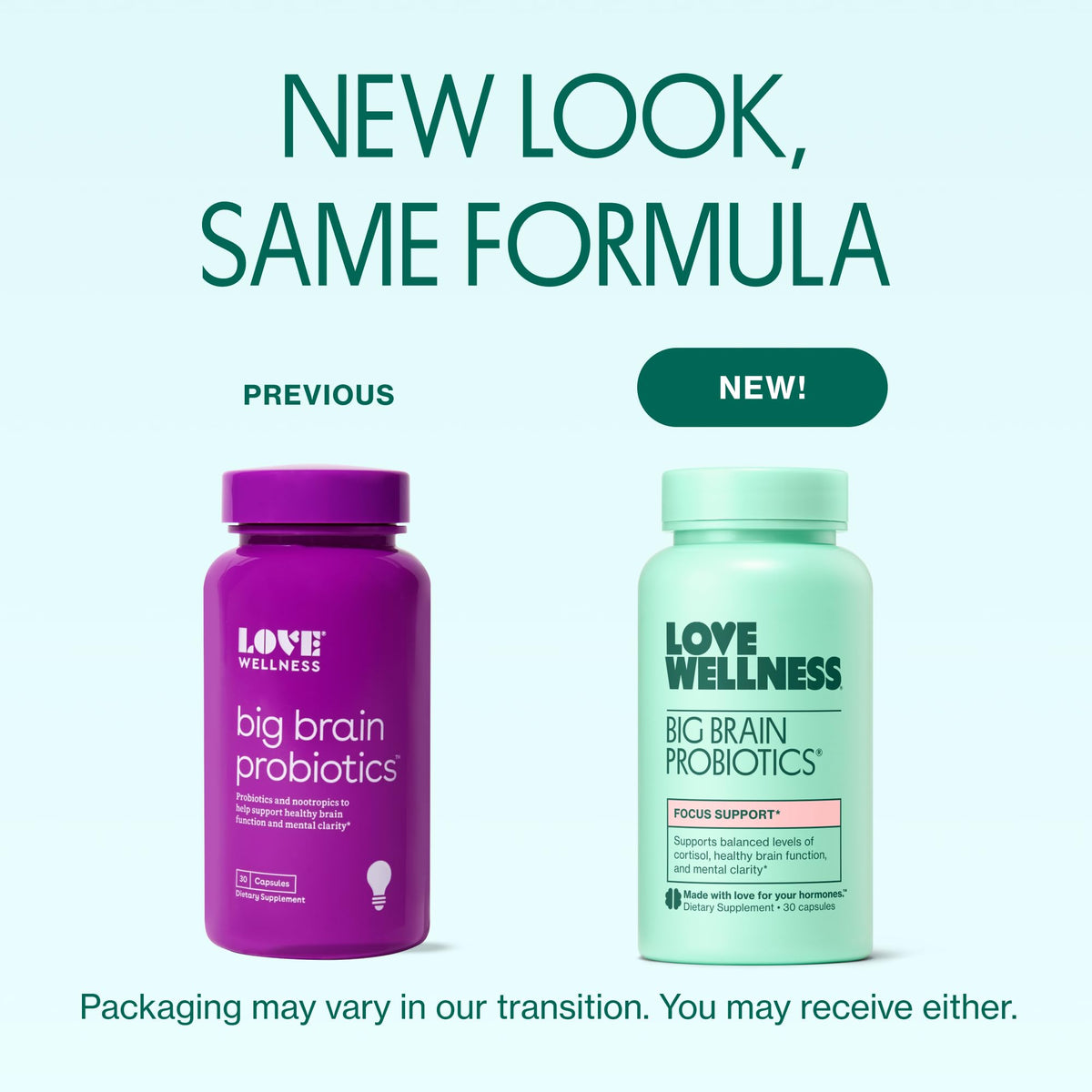 Capsule de Love Wellness Big Brain Probiotic sur une surface blanche