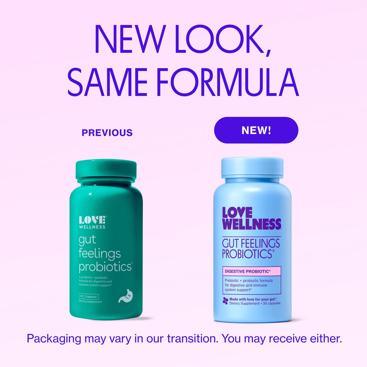 Capsule de Love Wellness Probiotique Gut Feelings sur un fond blanc