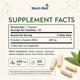 Capsule de NAC 600 mg de Nature's Blend sur fond blanc