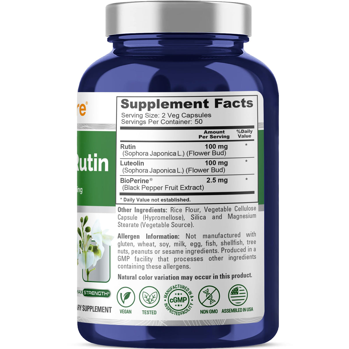 Capsule de NusaPure Luteolin et Rutin 200mg sur fond blanc