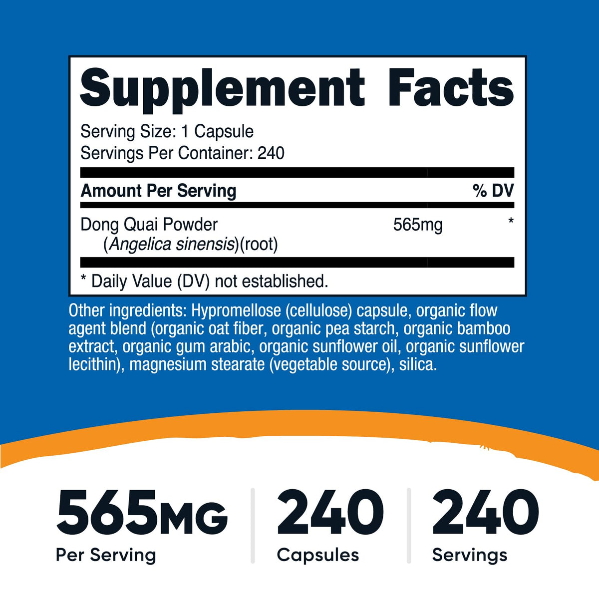 Capsule de Nutricost Dong Quai 565mg avec étiquette visible