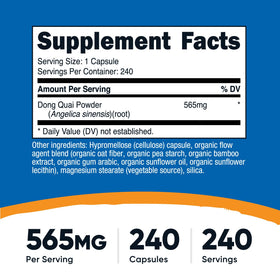 Capsule de Nutricost Dong Quai 565mg avec étiquette visible