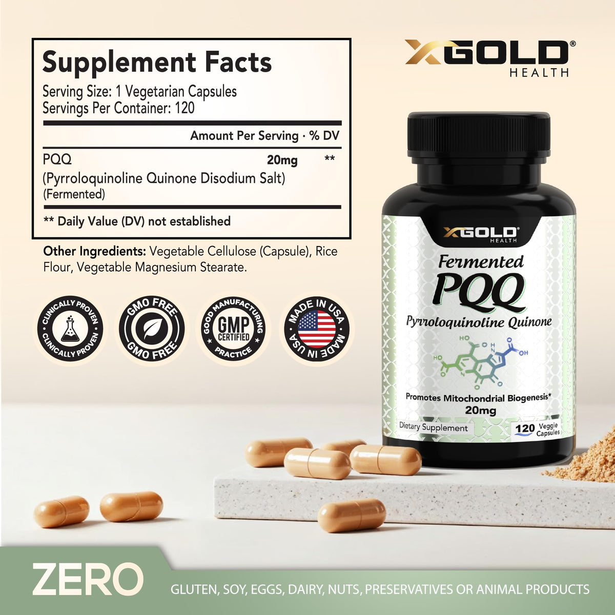 Capsule de PQQ fermenté de X Gold Health montrant la pureté et la qualité