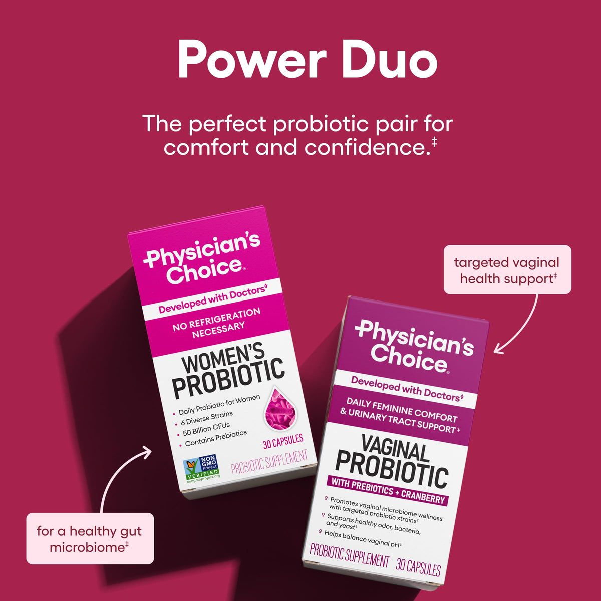 Capsule de probiotiques Physician's CHOICE Duo Féminin sur fond blanc