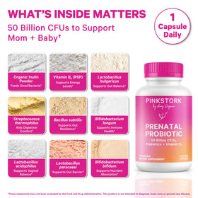 Capsule de Probiotiques Prénatals Pink Stork sur une surface blanche