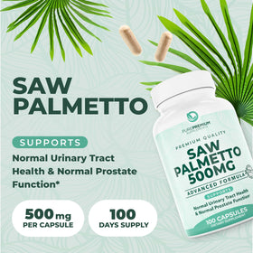 Capsule de PurePremium Saw Palmetto 500mg sur une surface blanche