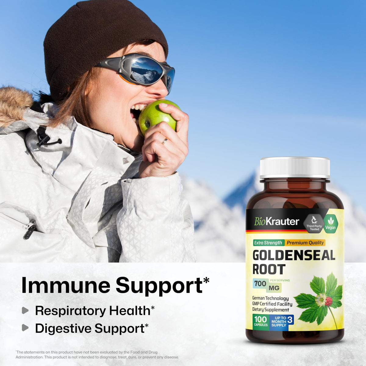 Capsule de racine de goldenseal BIO KRAUTER sur fond blanc