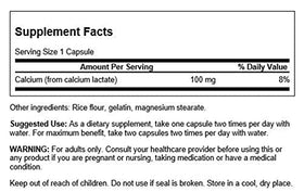 Capsule de Swanson Calcium Lactate 100 mg sur fond blanc