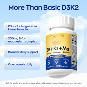 Capsule de Vevoec UBIOSKA Vitamine D3 K2 Magnésium sur fond blanc