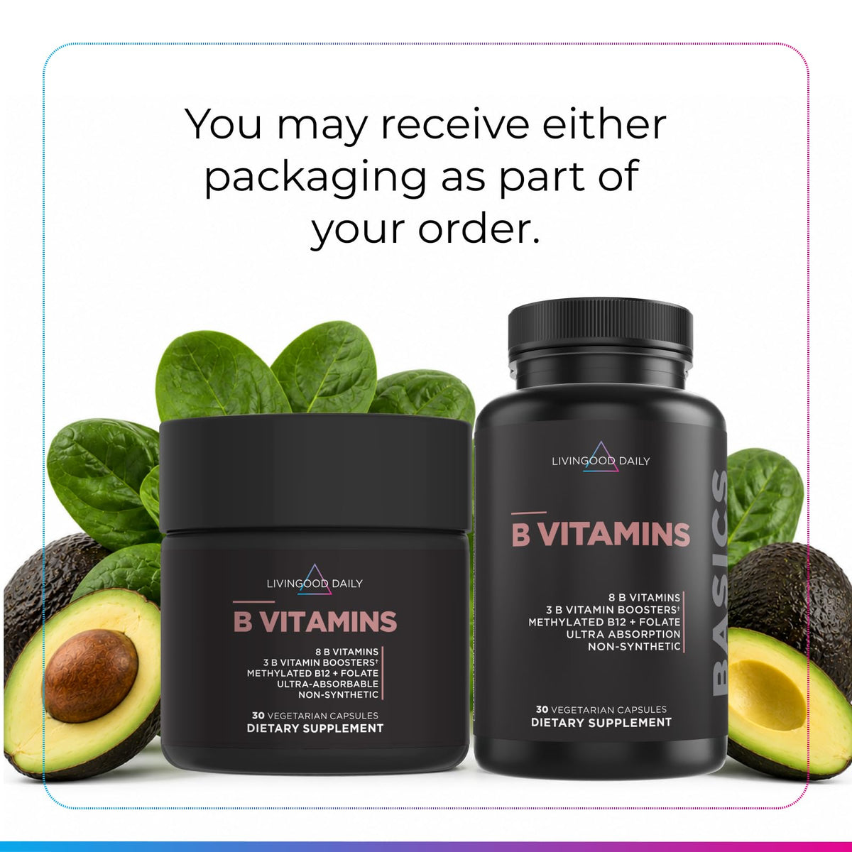 Capsule de vitamines B Livingood Daily sur fond blanc