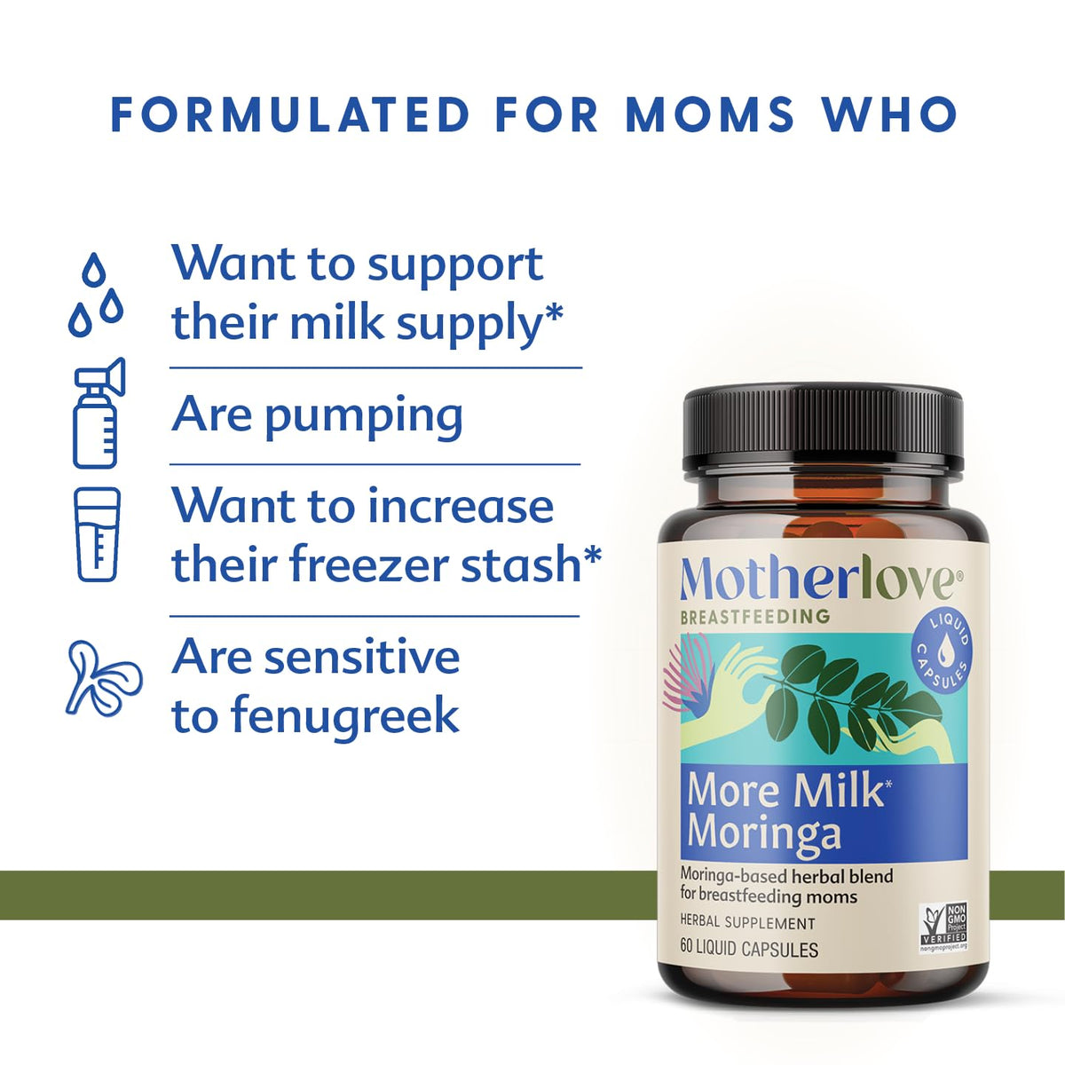 Capsule liquide More Milk Moringa de Motherlove sur fond blanc