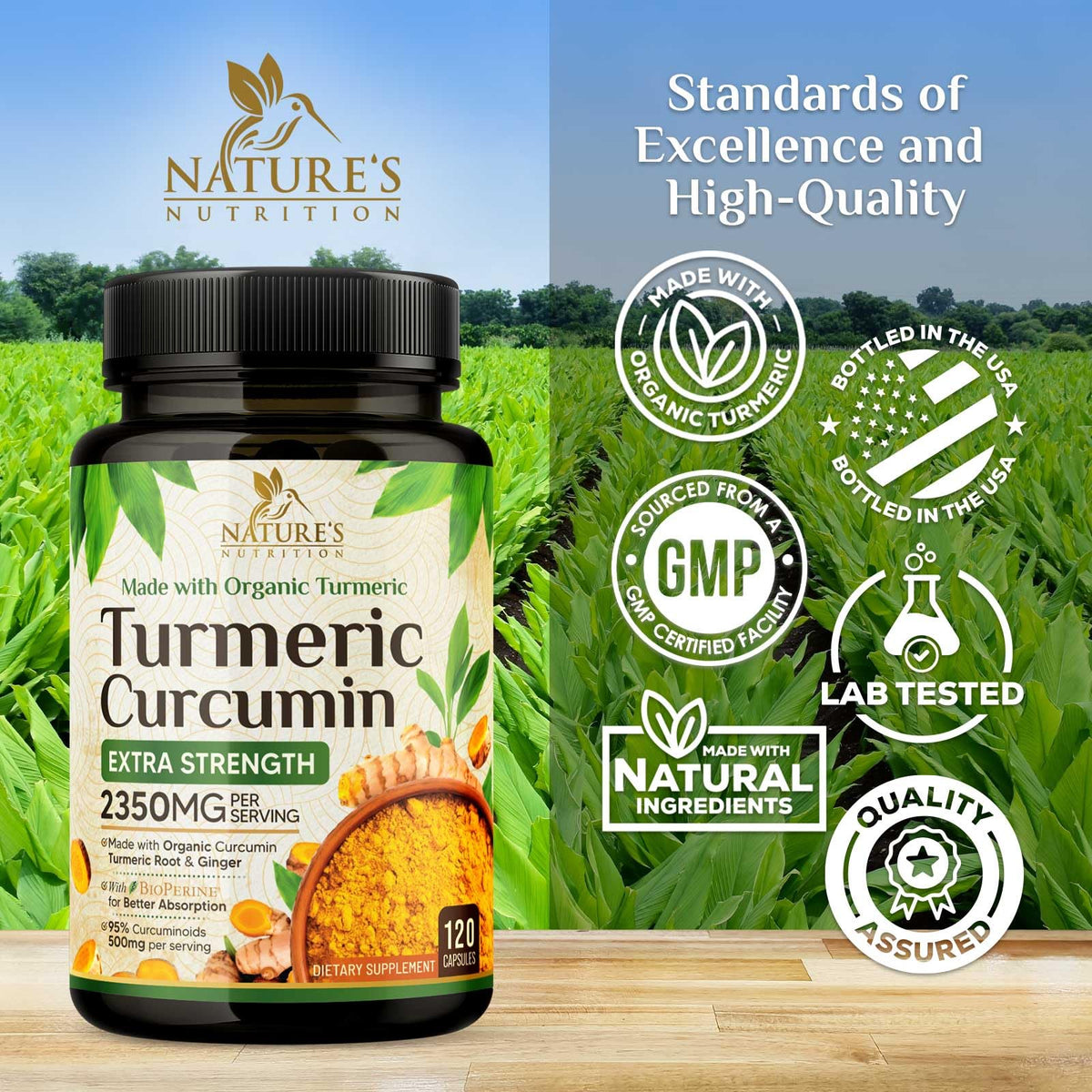 Capsule Nature's Nutrition Complément Curcuma & Gingembre montrant la taille