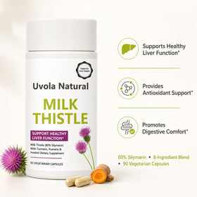 Capsule Uvola Natural Chardon-Marie avec ingrédients naturels en arrière-plan