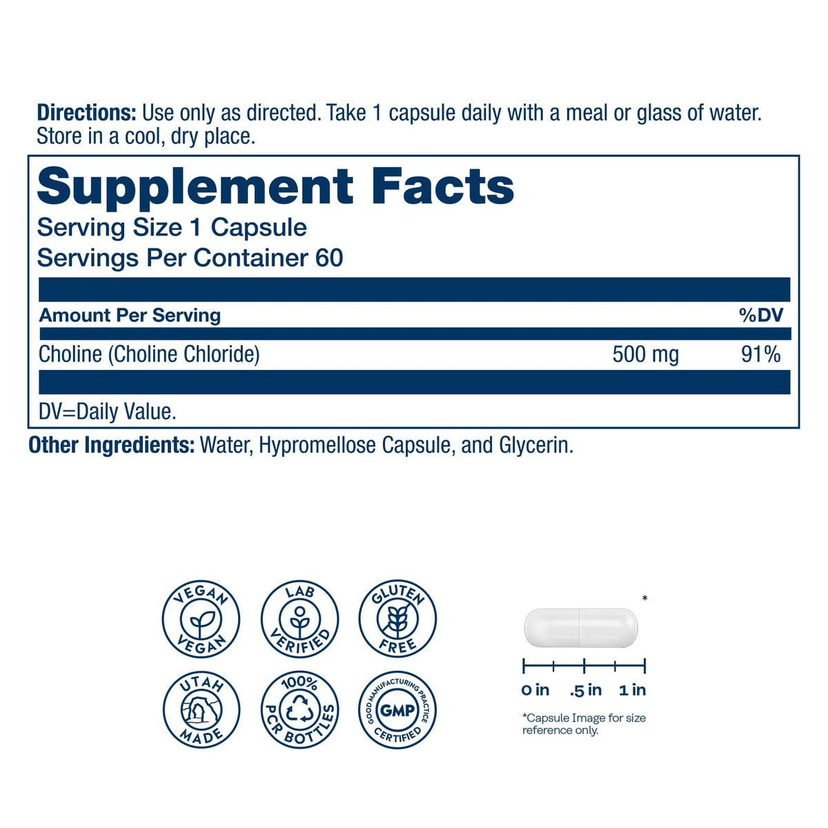 Capsule vegane SOLARAY Choline 500 mg sur fond blanc