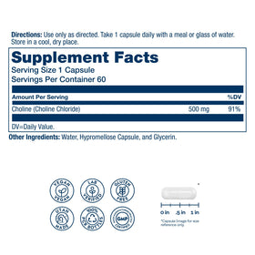 Capsule vegane SOLARAY Choline 500 mg sur fond blanc