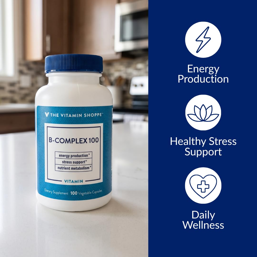 Capsule végétale de B-Complex de The Vitamin Shoppe sur une surface blanche