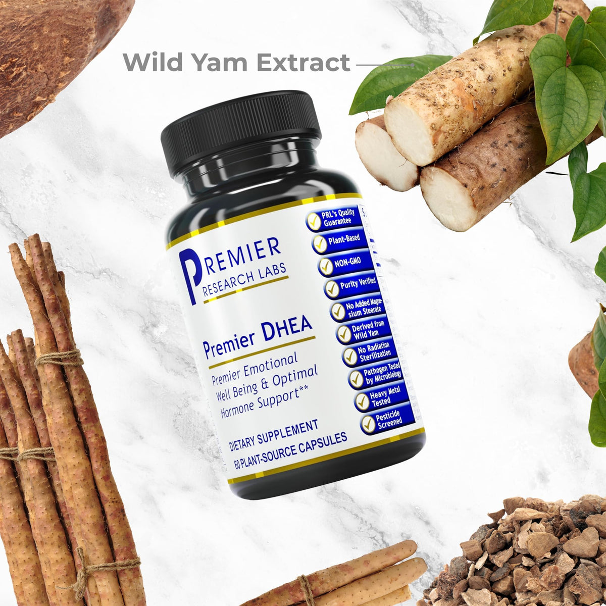 Capsule végétale de DHEA de Premier Research Labs sur fond blanc