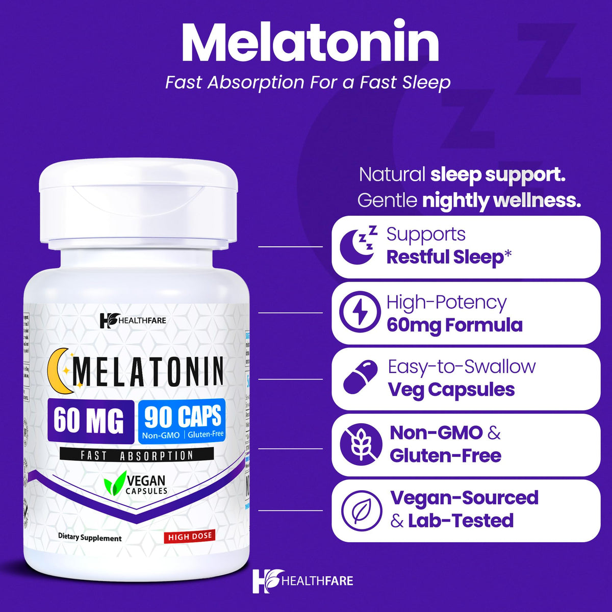 Capsule végétale de mélatonine Healthfare sur une surface blanche