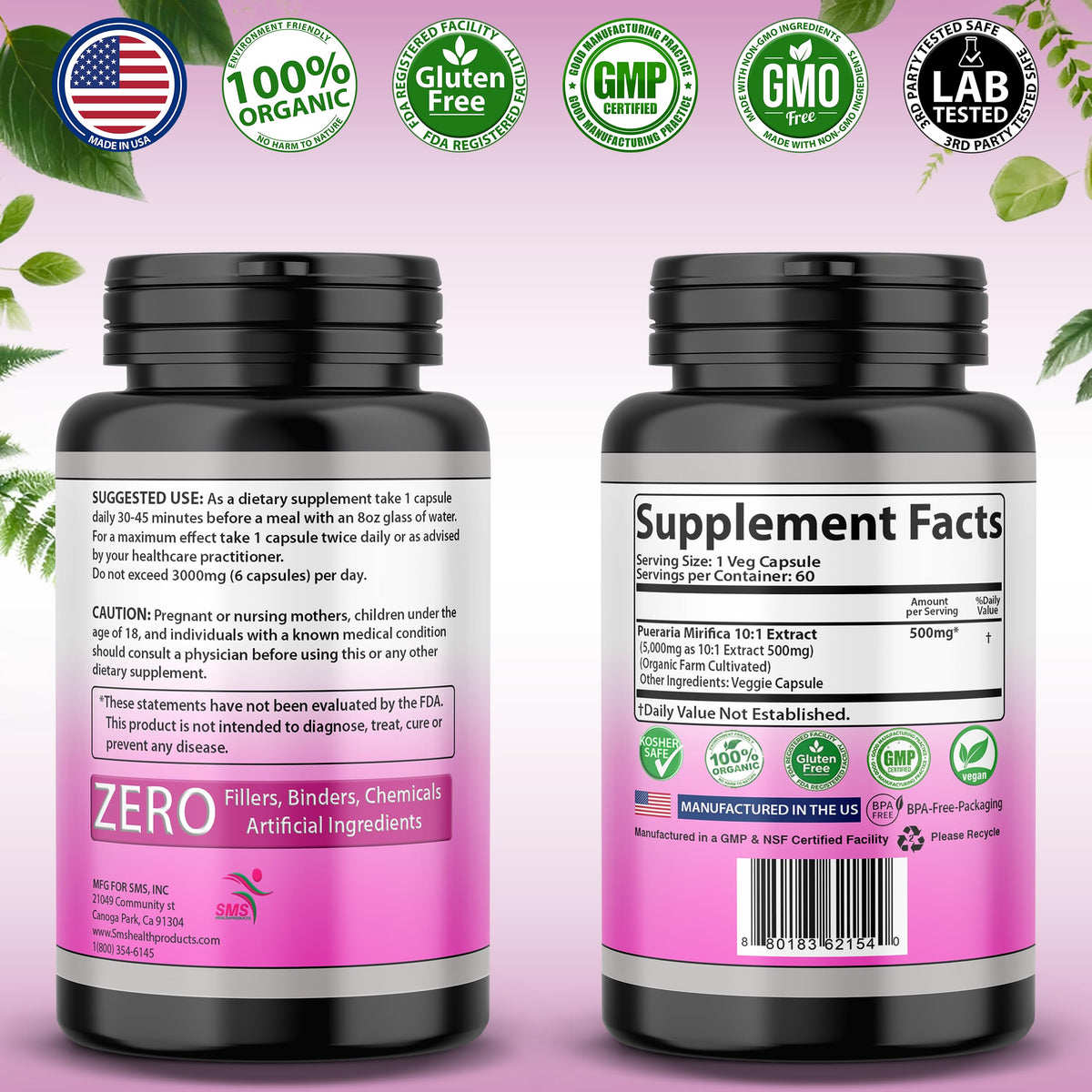 Capsule végétale de Pueraria Mirifica 500mg sur fond blanc