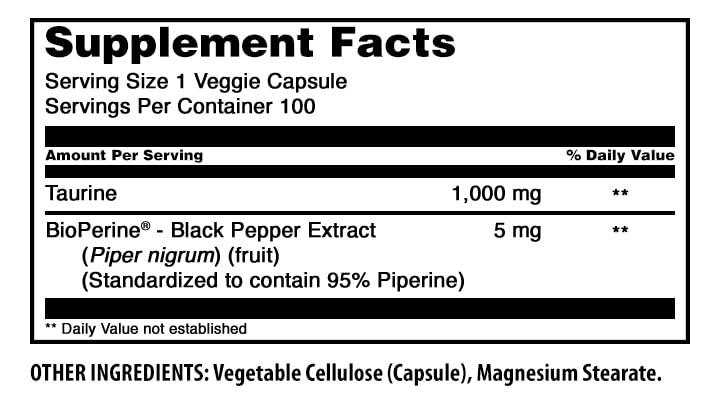 Capsule végétale de Taurine 1000 Mg avec Bioperine 5 mg Amazing Nutrition