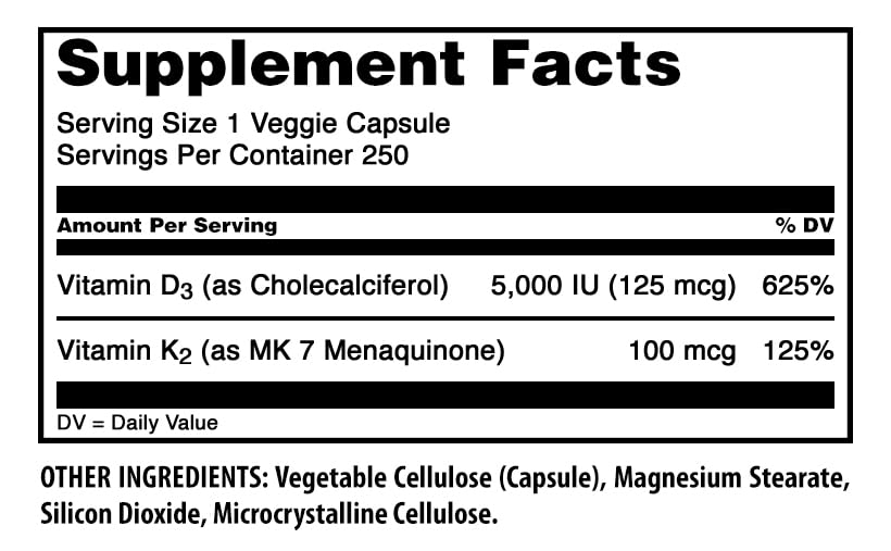 Capsule végétale de vitamine D3 5000 IU avec K2 100 Mcg
