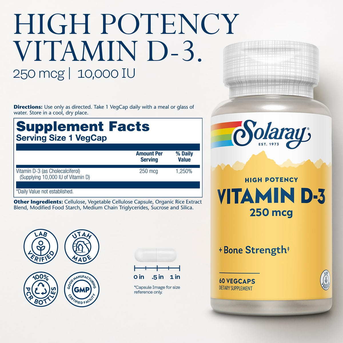 Capsule végétale SOLARAY Vitamine D3 10000UI 250mcg sur fond blanc