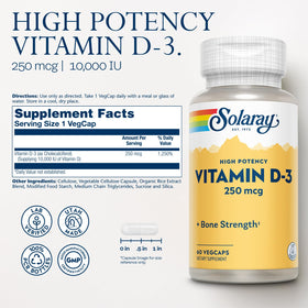 Capsule végétale SOLARAY Vitamine D3 10000UI 250mcg sur fond blanc
