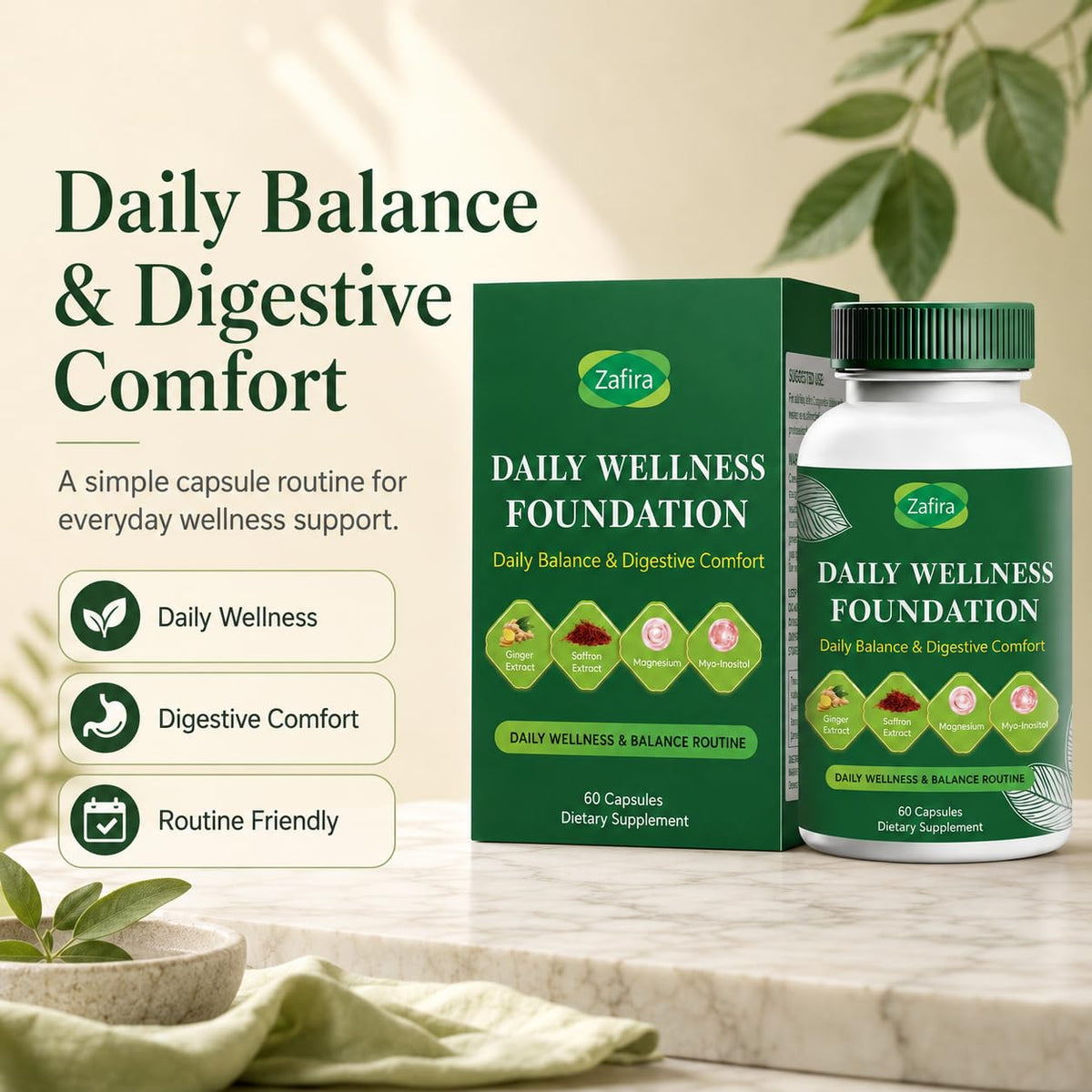 Capsule Zafira Organics Saffron ouverte sur une surface