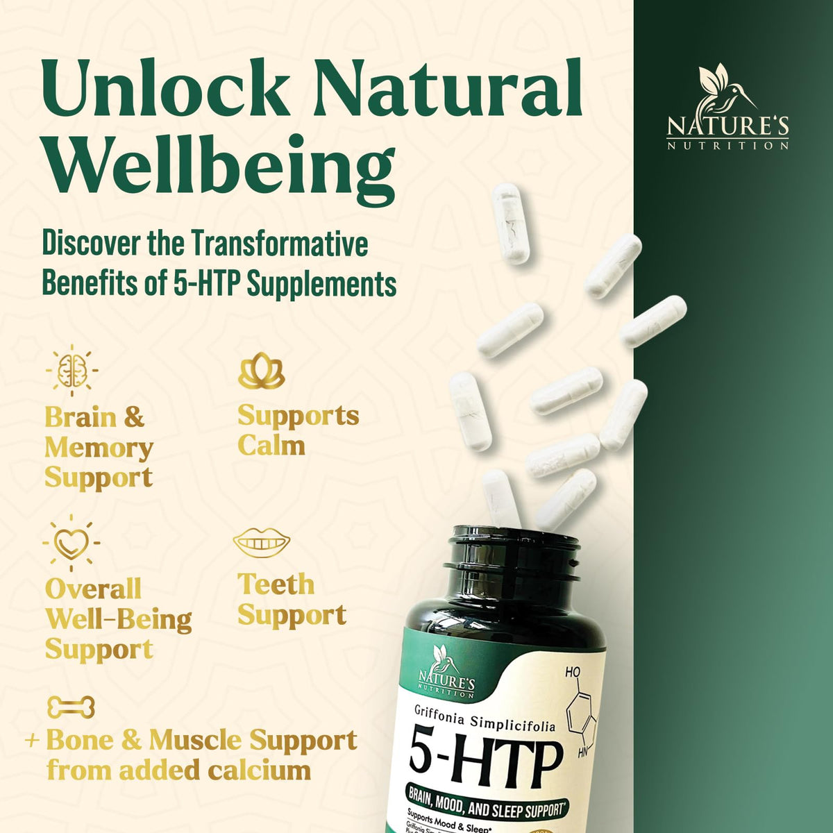 Capsules 5-HTP Nature's Nutrition avec des ingrédients naturels en arrière-plan