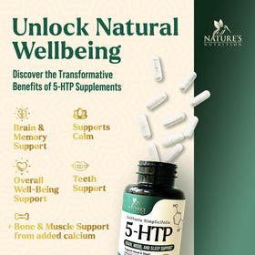 Capsules 5-HTP Nature's Nutrition avec des ingrédients naturels en arrière-plan