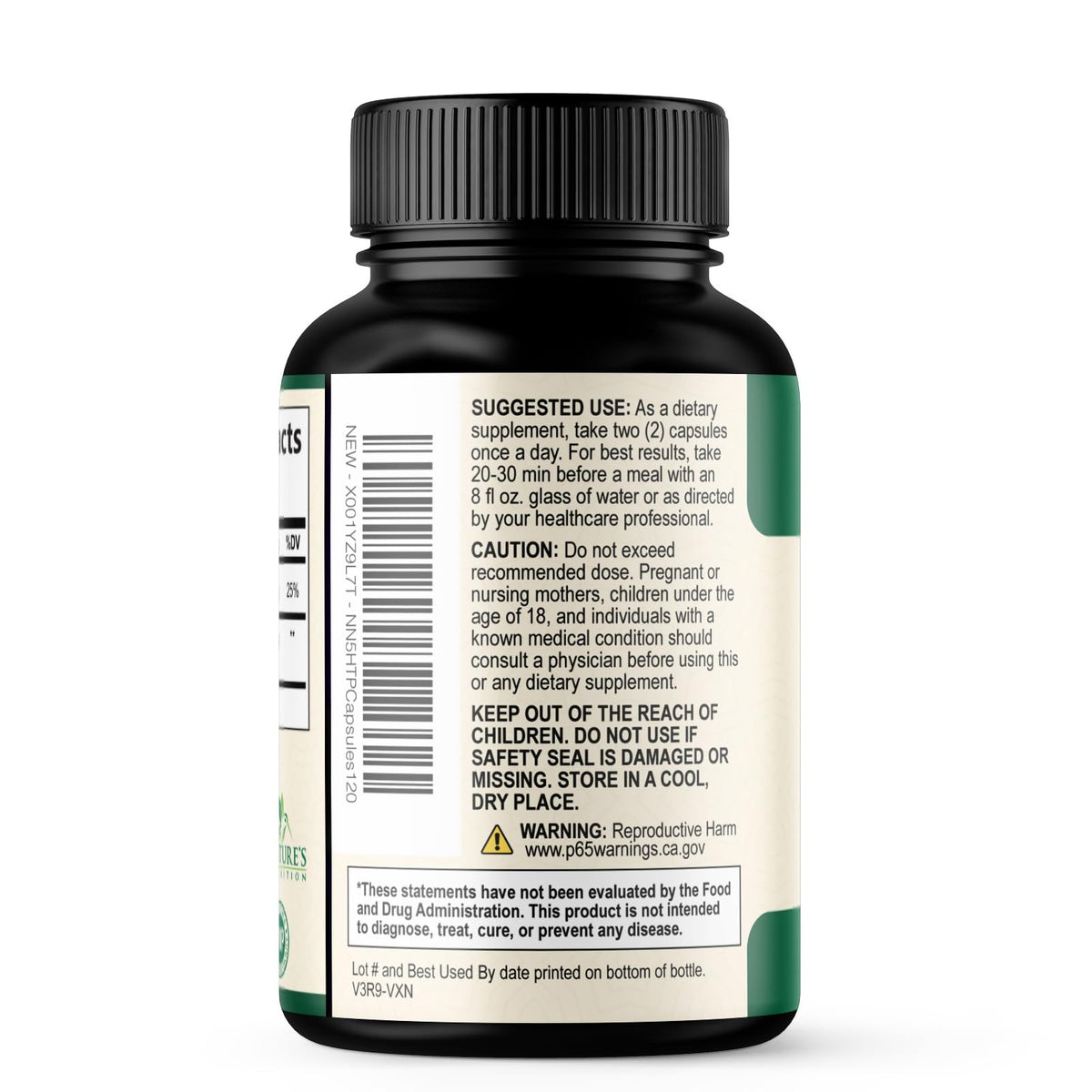 Capsules 5-HTP Nature's Nutrition sur une table avec un livre