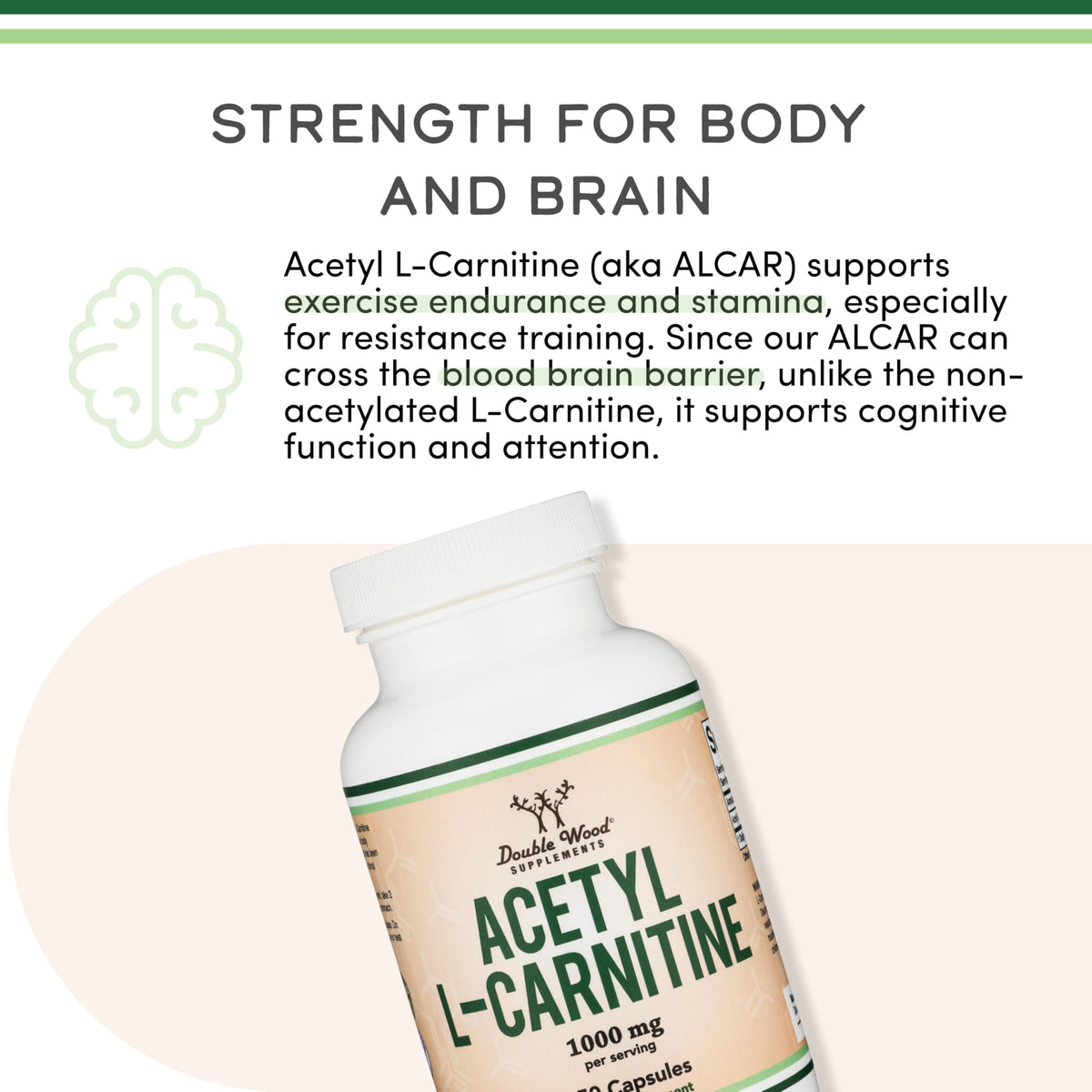Capsules Acetyl L-Carnitine 1 000 mg de Double Wood sur fond blanc