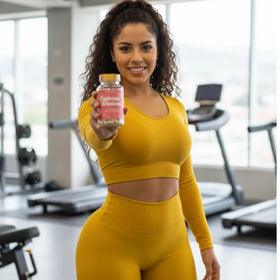 Capsules Aguaje + Maca Curvy Fruit sur une table en bois