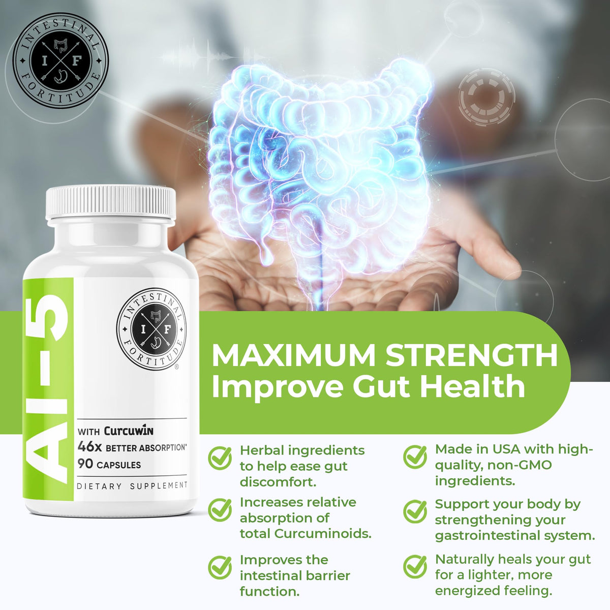 Capsules AI-5 d'Intestinal Fortitude sur fond blanc
