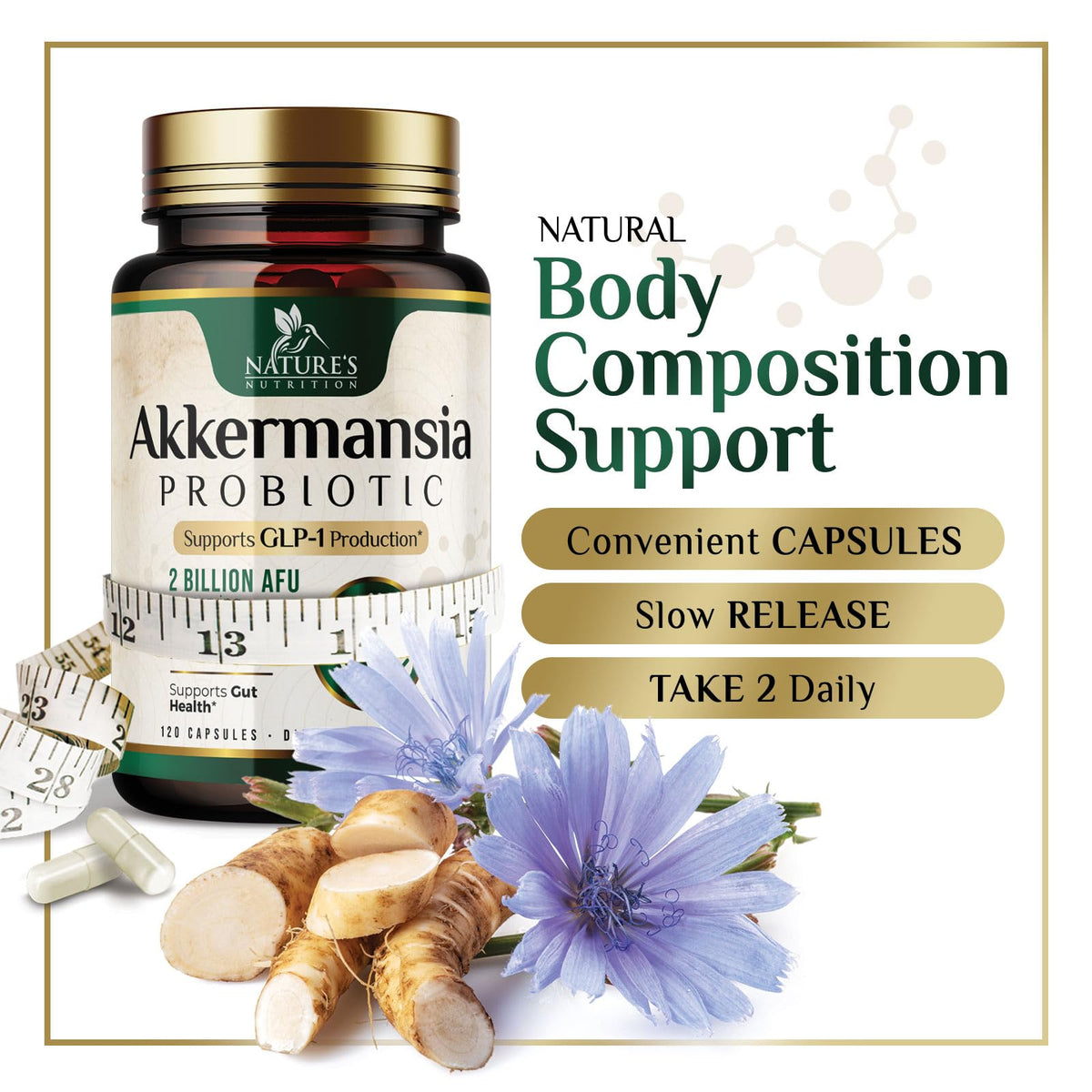 Capsules Akkermansia Nature's Nutrition sur une table en bois
