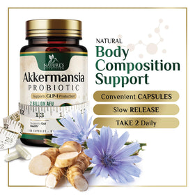 Capsules Akkermansia Nature's Nutrition sur une table en bois