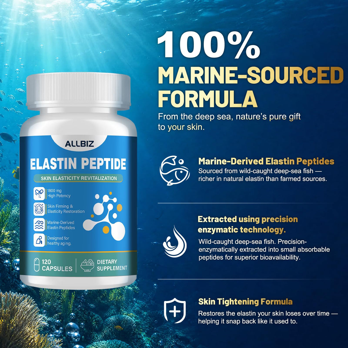 Capsules ALLBIZ Elastine Peptides sur une surface blanche