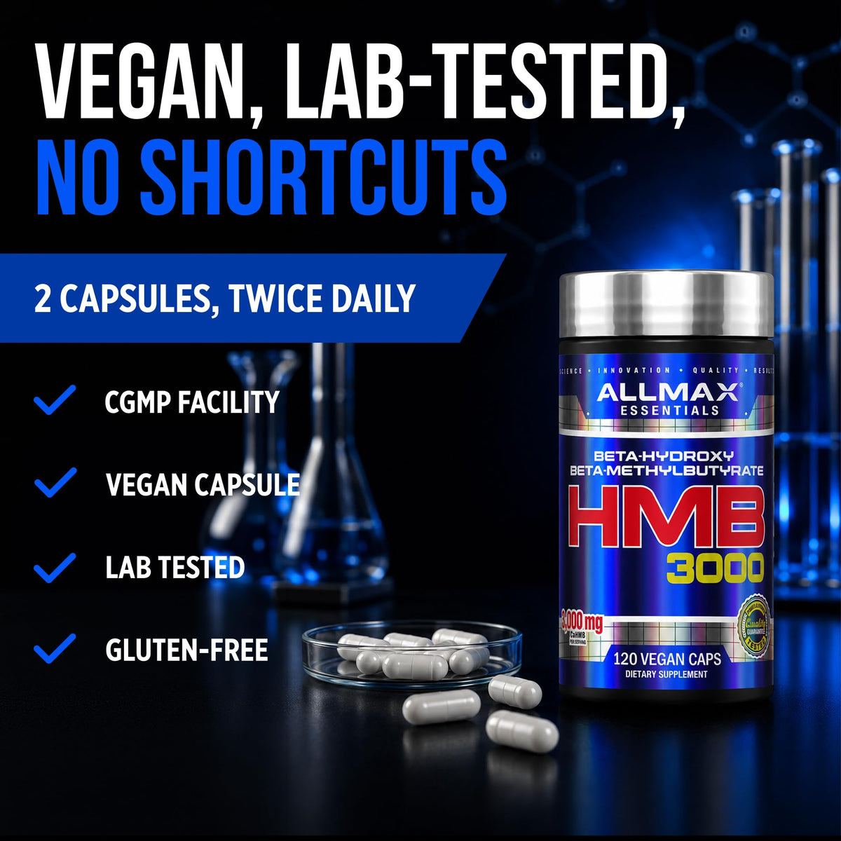 Capsules ALLMAX HMB 3000 mg avec un verre d'eau