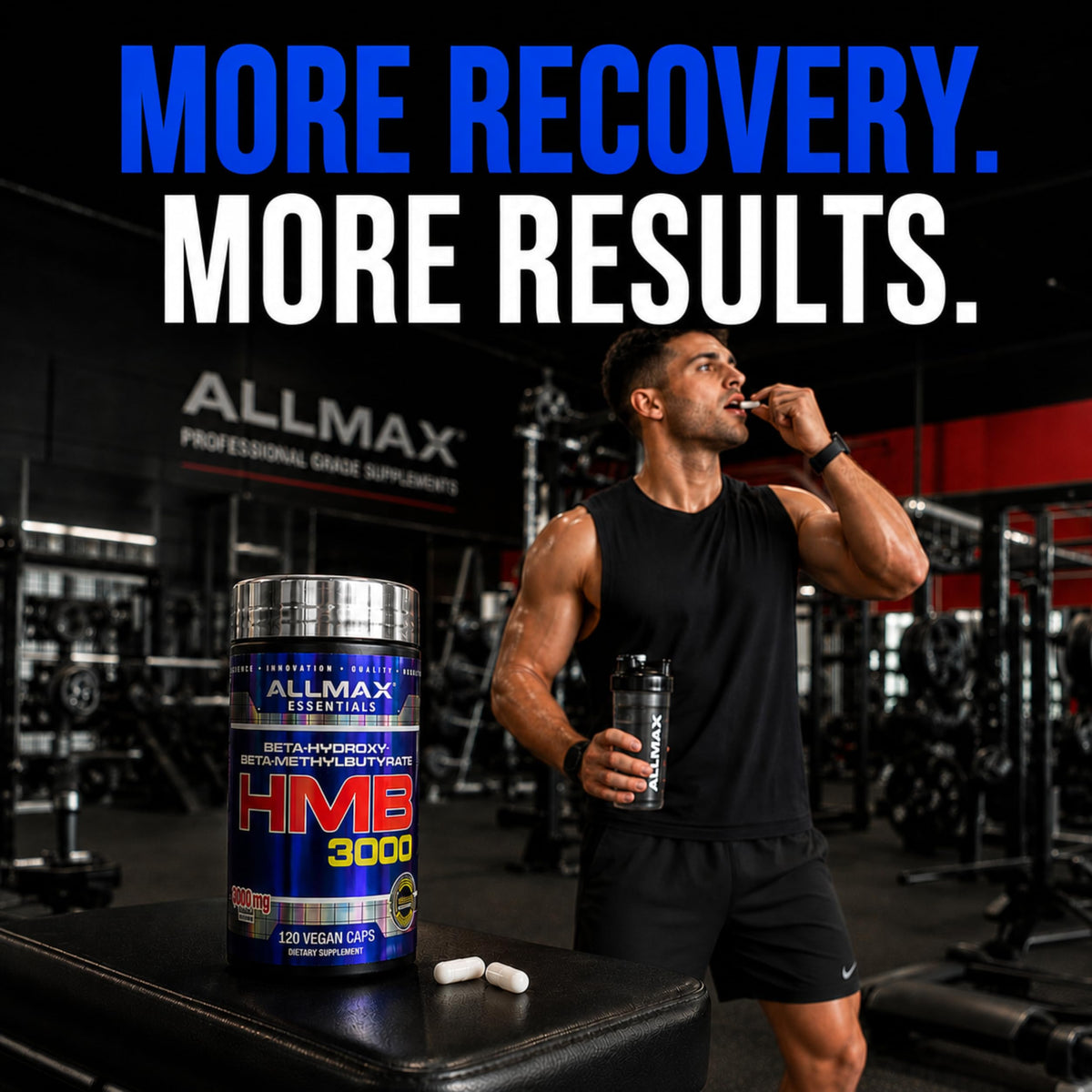 Capsules ALLMAX HMB 3000 mg sur une surface de travail