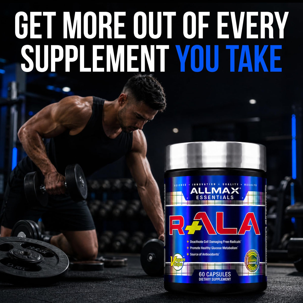 Capsules ALLMAX R+ALA avec des accessoires de fitness