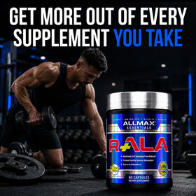 Capsules ALLMAX R+ALA avec des accessoires de fitness
