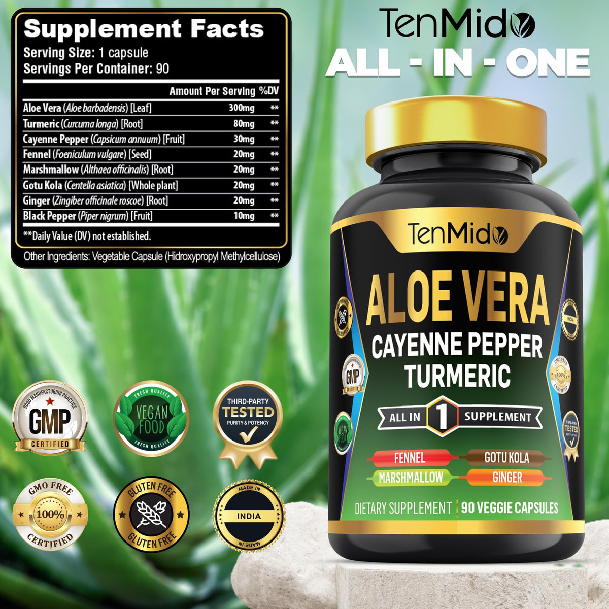 Capsules Aloe Vera Tenmido sur une table