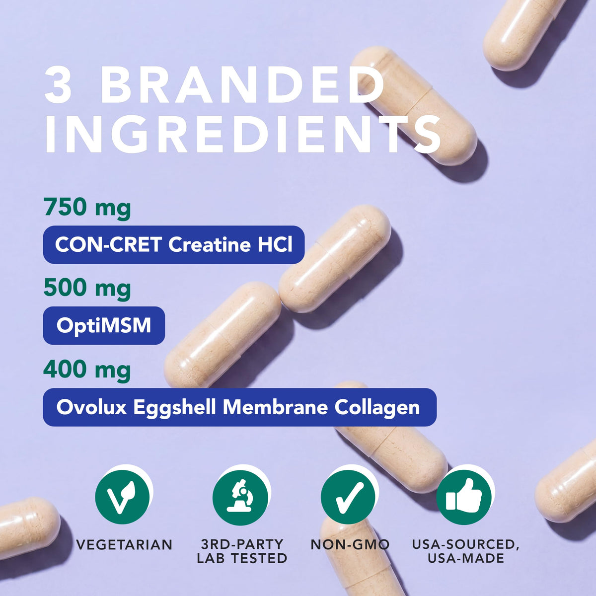 Capsules AMANDEAN Créatine HCl, Collagène et MSM sur fond blanc