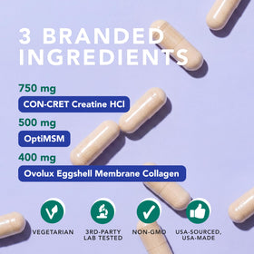 Capsules AMANDEAN Créatine HCl, Collagène et MSM sur fond blanc