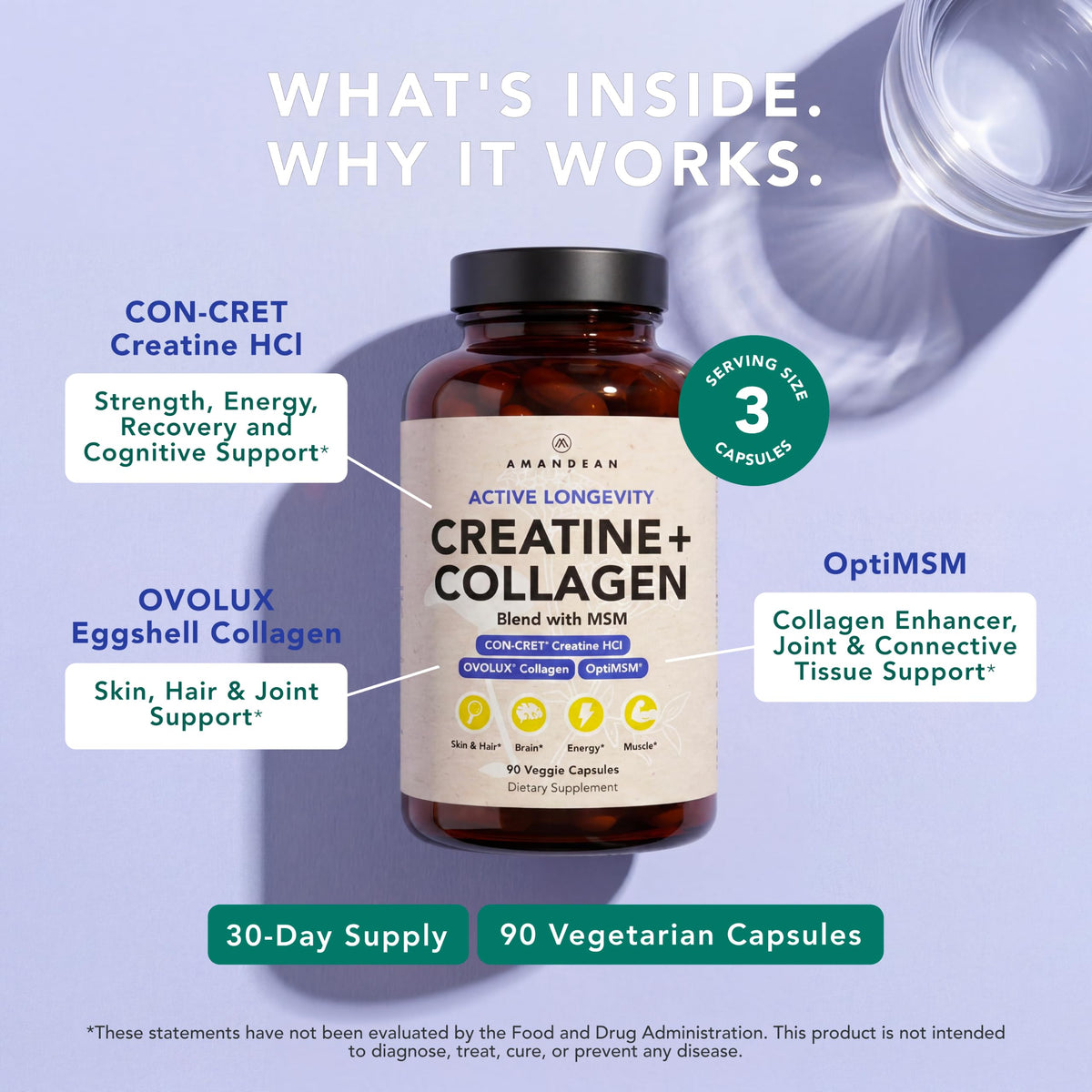 Capsules AMANDEAN Créatine HCl, Collagène et MSM sur une table