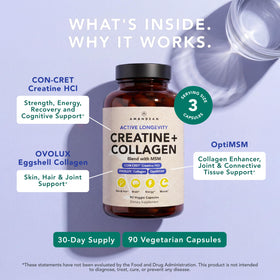 Capsules AMANDEAN Créatine HCl, Collagène et MSM sur une table